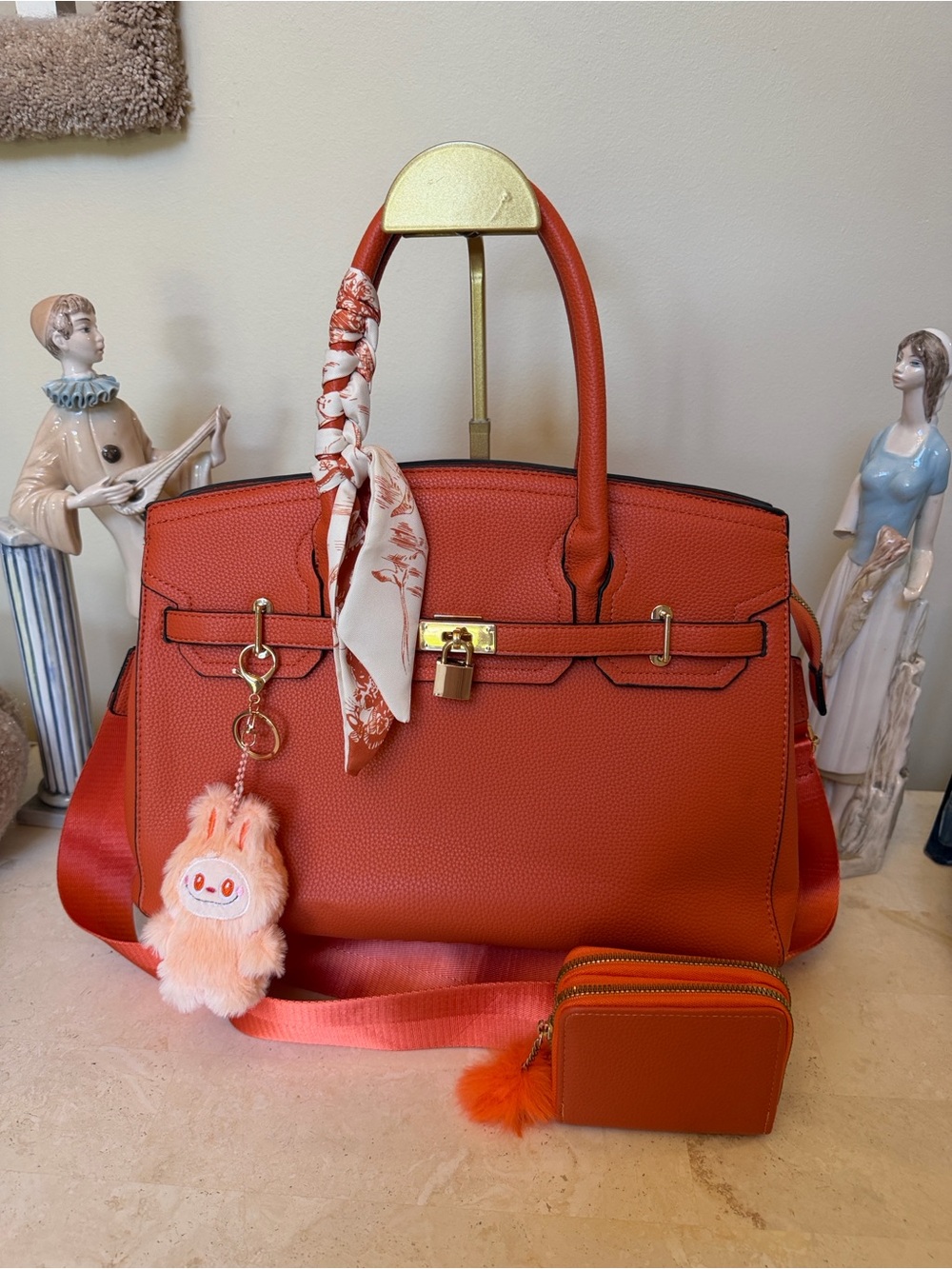 Elegant Orange Structured Tote Handbag with Gold Hardware